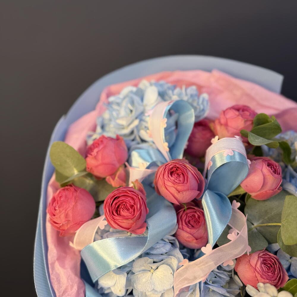 «Дофаминовый дуэт💗» с пионовидной розой, гортензией и эвкалиптом — фото 5